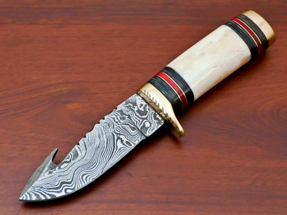HS-509  Custom Handmade Damascus Skinner/Hunting Knife With Camel Bone & Hard Wood Handle