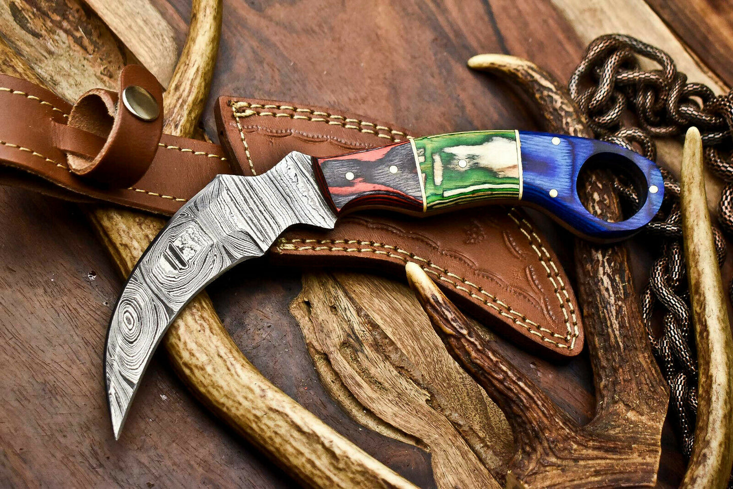 HS-910 Custom Handmade Damascus Steel Karambit Knife - Beautiful Hard Wood Handle