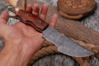 HS-942 Custom Handmade Damascus Hunting Tracker Knife With Stag+Wood Handle