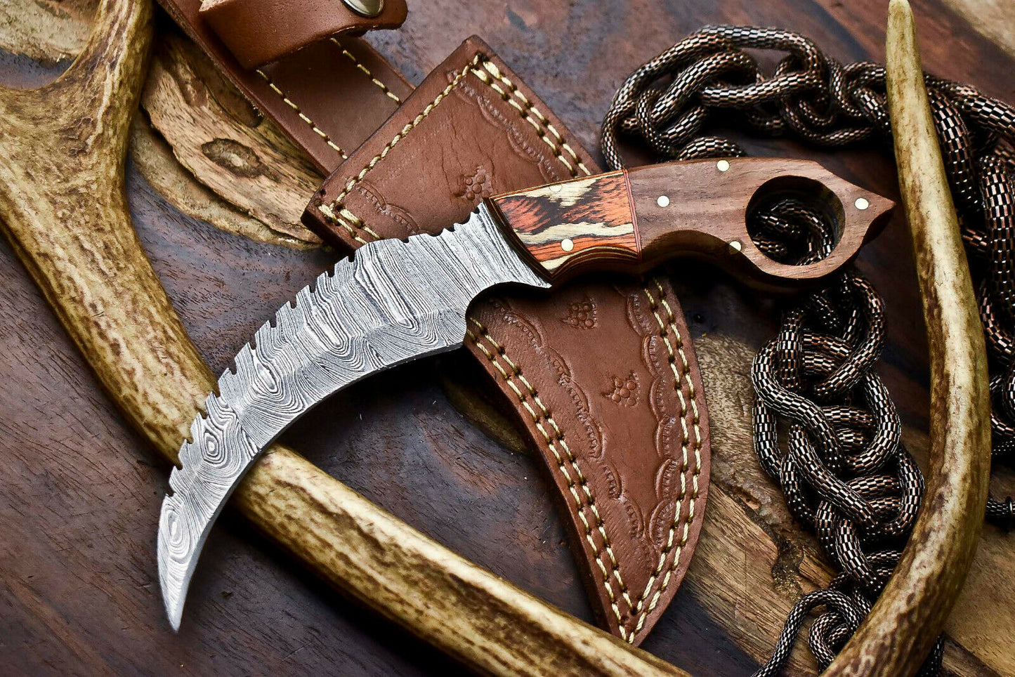 HS-906 Custom Handmade Damascus Steel Karambit Knife - Beautiful Hard Wood Handle