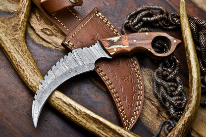 HS-906 Custom Handmade Damascus Steel Karambit Knife - Beautiful Hard Wood Handle