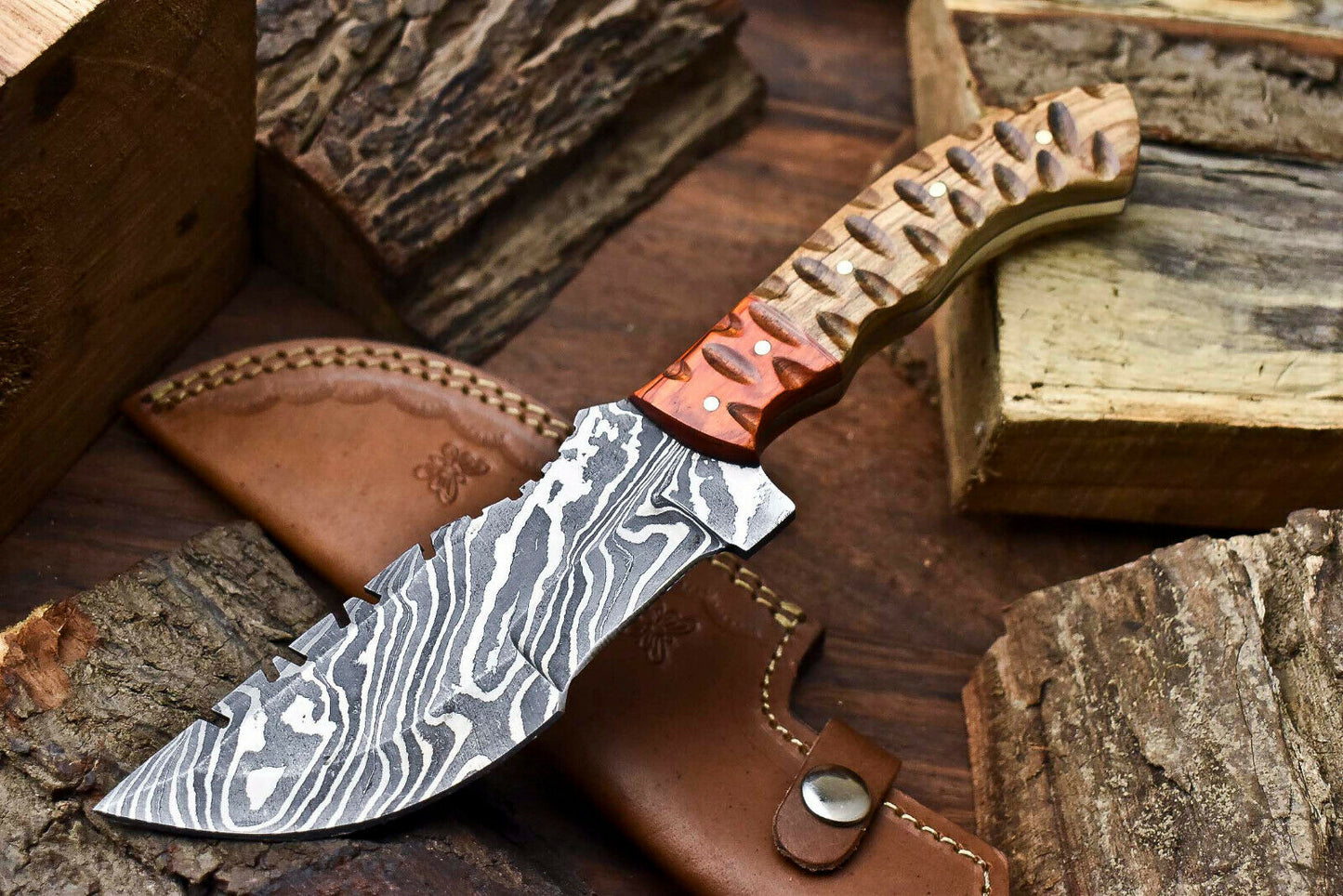 HS-919 Custom Handmade Damascus Hunting Blade Hunter Camping Tracker Full Tang Knife