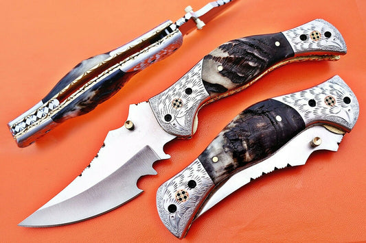 Custom Handmade Stainless Steel Folding-Pocket Knife With Ram Horn Handle