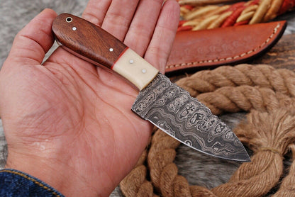 HS-736 Custom Handmade Damacsus Steel Skinner knife - Wood & Bone Handle