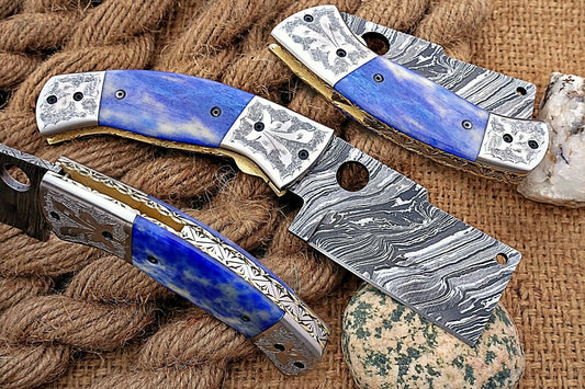 Custom Handmade Damascus Folding-Pocket Knife With Camel Bone Handle