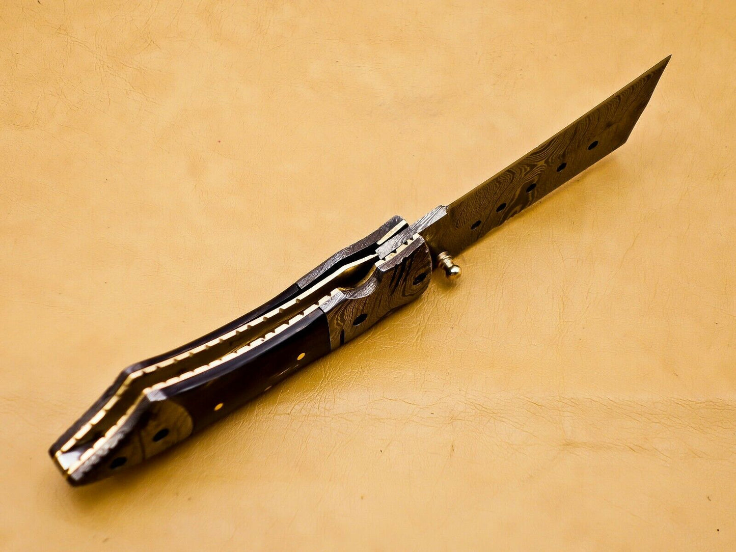 Custom Handmade Damascus Folding-Pocket Knife With Buffalo Horn Handle