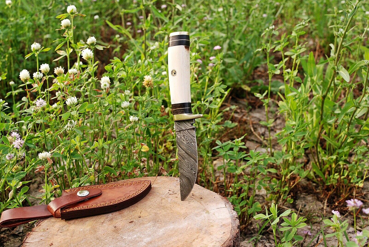 HS-502 Custom Handmade Damascus Hunting Knife With Camel Bone  Handle
