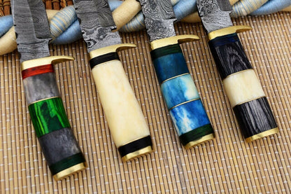 HS Deal 02 - Custom Handmade Damascus Skinner Knife Lot OF Four Pecs With Different Handles