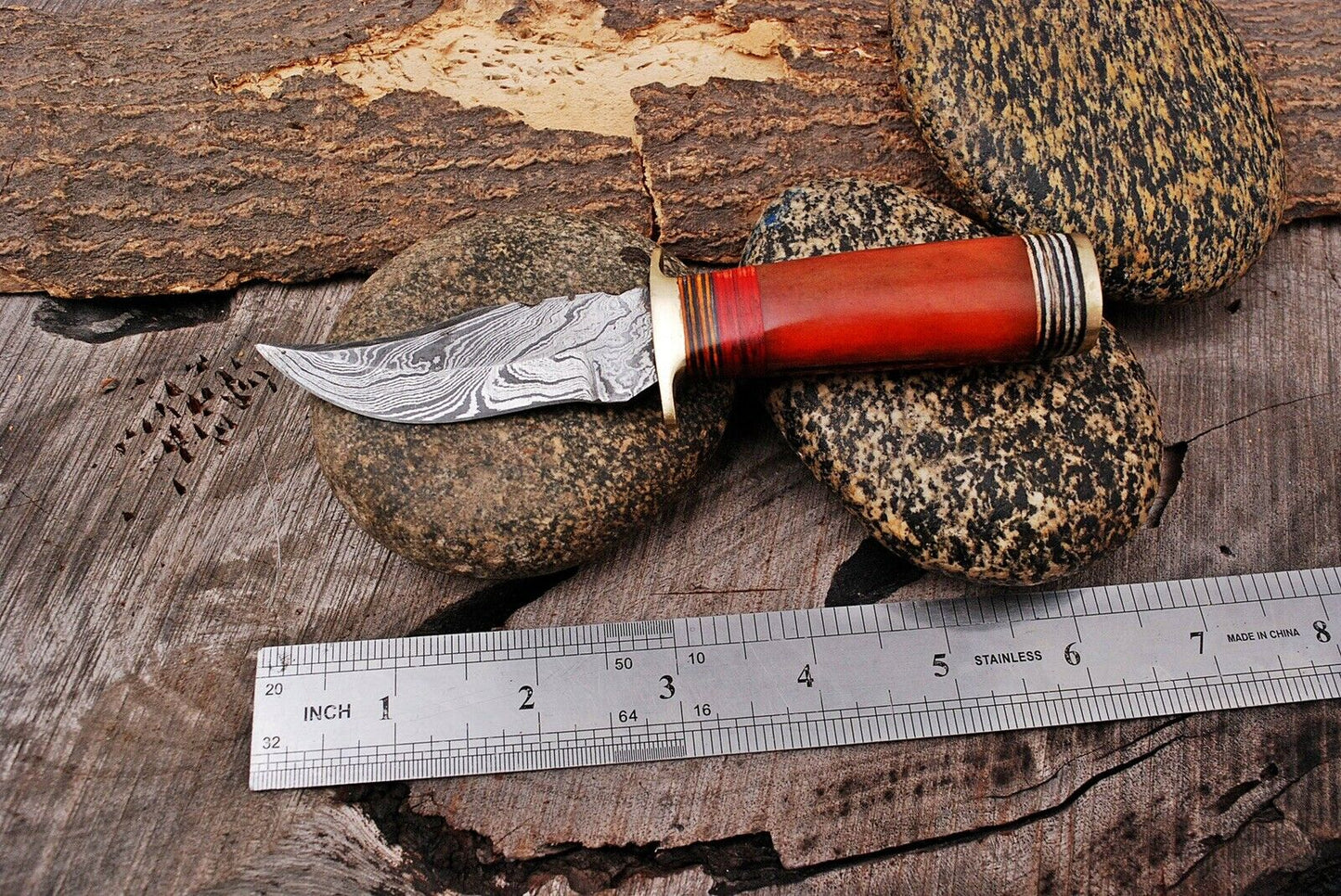 HS-792 Custom Handmade Damascus Skinner Knife With Hard Wood + Bone Handle