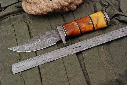 HS-500 Custom Handmade Damascus Hunting Knife With Camel Bone  Handle