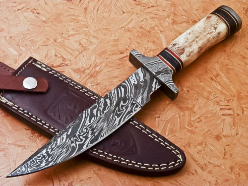 HS-539  Custom Handmade Damascus Hunting Knife With Colored Camel Bone Handle