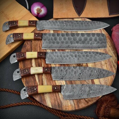 HS-156 Custom Handmade HAND FORGED DAMASCUS STEEL CHEF KNIFE Set Kitchen Knives Set