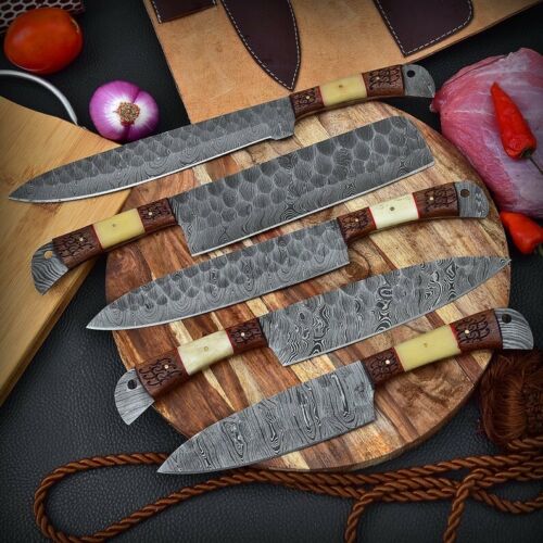 HS-156 Custom Handmade HAND FORGED DAMASCUS STEEL CHEF KNIFE Set Kitchen Knives Set