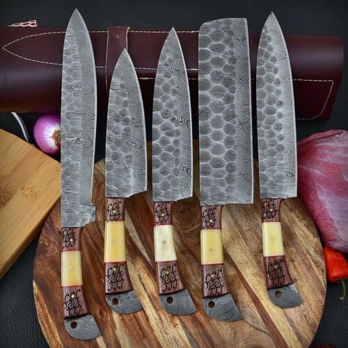 HS-156 Custom Handmade HAND FORGED DAMASCUS STEEL CHEF KNIFE Set Kitchen Knives Set
