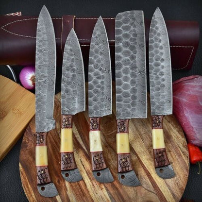 HS-156 Custom Handmade HAND FORGED DAMASCUS STEEL CHEF KNIFE Set Kitchen Knives Set