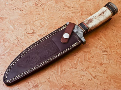 HS-539  Custom Handmade Damascus Hunting Knife With Colored Camel Bone Handle