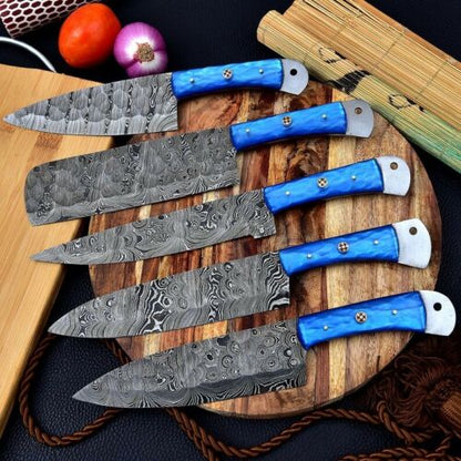 HS-155 Custom Handmade HAND FORGED DAMASCUS STEEL CHEF KNIFE Set Kitchen Knives Set