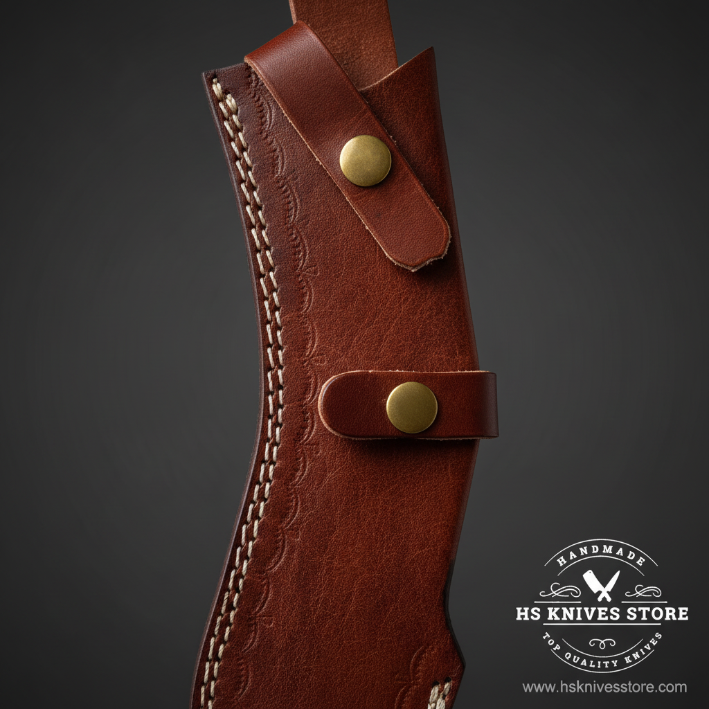 close-up of a brown leather knife sheath with embossed floral detailing, contrast stitching, and brass snap closures, shown against a dark gray background with an HS Knives Store watermark in the lower right.