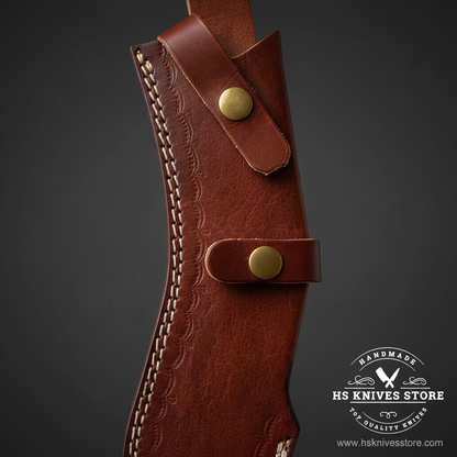 close-up of a brown leather knife sheath with embossed floral detailing, contrast stitching, and brass snap closures, shown against a dark gray background with an HS Knives Store watermark in the lower right.