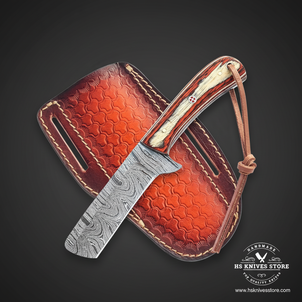 A fixed-blade knife with a patterned steel blade and a carved wooden handle, displayed diagonally over a brown leather sheath on a dark gray background. A logo for 'HS Knives Store' is visible in the bottom right corner.