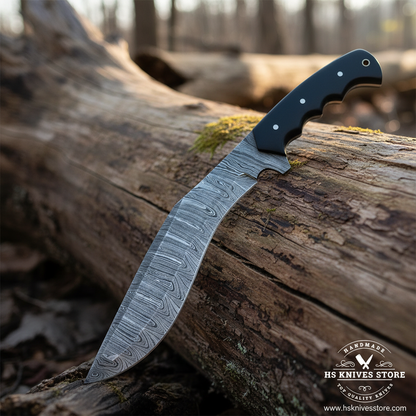 A fixed-blade hunting knife with a patterned Damascus steel blade and a black handle, resting on a large log in an outdoor forest setting. A watermark for 'HS Knives Store' is visible in the bottom right corner.