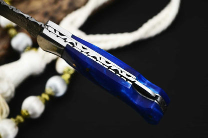 Custom Handmade Damascus Steel Back-Lock Pocket | Folding Knife | Leather Sheath- Blue Resin Handle