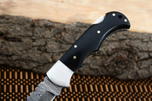 Load image into Gallery viewer, Custom Handmade Damascus Steel Back-Lock Pocket | Folding Knife | Leather Sheath- Black Sheet Handle
