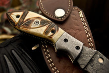 Load image into Gallery viewer, Custom Handmade Damascus Folding/Pocket Knife With Engraved Camel Bone Handle
