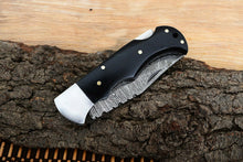 Load image into Gallery viewer, Custom Handmade Damascus Steel Back-Lock Pocket | Folding Knife | Leather Sheath- Black Sheet Handle
