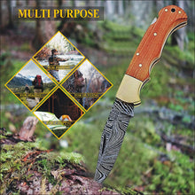 Load image into Gallery viewer, Custom Handmade Damascus Steel Back-Lock Pocket | Folding Knife | Leather Sheath-Wood Handle
