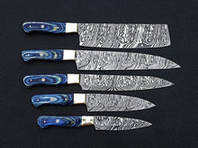 Load image into Gallery viewer, HS-107 &#39;&#39; Handmade Damascus chefs knife set of 5 pcs Blue Micarta sheet handle kitchen knife Groomsman gift For Husband Valentine&#39;s Gift Boyfriend
