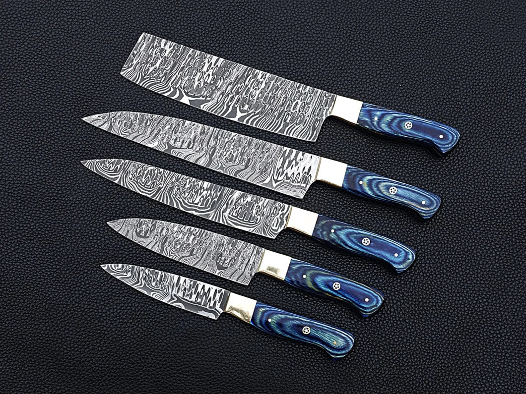 HS-107 '' Handmade Damascus chefs knife set of 5 pcs Blue Micarta sheet handle kitchen knife Groomsman gift For Husband Valentine's Gift Boyfriend