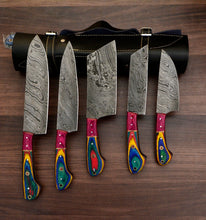 Load image into Gallery viewer, HS-169 Custom Handmade Damascus Five Pecs Kitchen/Chef Knives Set- 2 Hard Wood Handle
