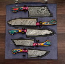 Load image into Gallery viewer, HS-169 Custom Handmade Damascus Five Pecs Kitchen/Chef Knives Set- 2 Hard Wood Handle
