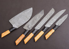 Load image into Gallery viewer, HS-122 '' Customized Handmade Damascus Chef Set, Kitchen Knives with Brown Leather Roll, Wedding Gift, Anniversary Gift
