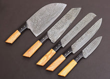 Load image into Gallery viewer, HS-122 '' Customized Handmade Damascus Chef Set, Kitchen Knives with Brown Leather Roll, Wedding Gift, Anniversary Gift
