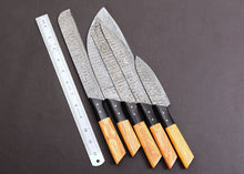 Load image into Gallery viewer, HS-122 '' Customized Handmade Damascus Chef Set, Kitchen Knives with Brown Leather Roll, Wedding Gift, Anniversary Gift
