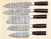Load image into Gallery viewer, HS-124 '' Customize Handmade Damascus Chef Set Of 5pcs With ,Leather Cover, Kitchen Knife, Damascus Knife Set
