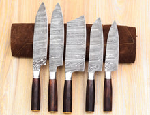 Load image into Gallery viewer, HS-124 '' Customize Handmade Damascus Chef Set Of 5pcs With ,Leather Cover, Kitchen Knife, Damascus Knife Set
