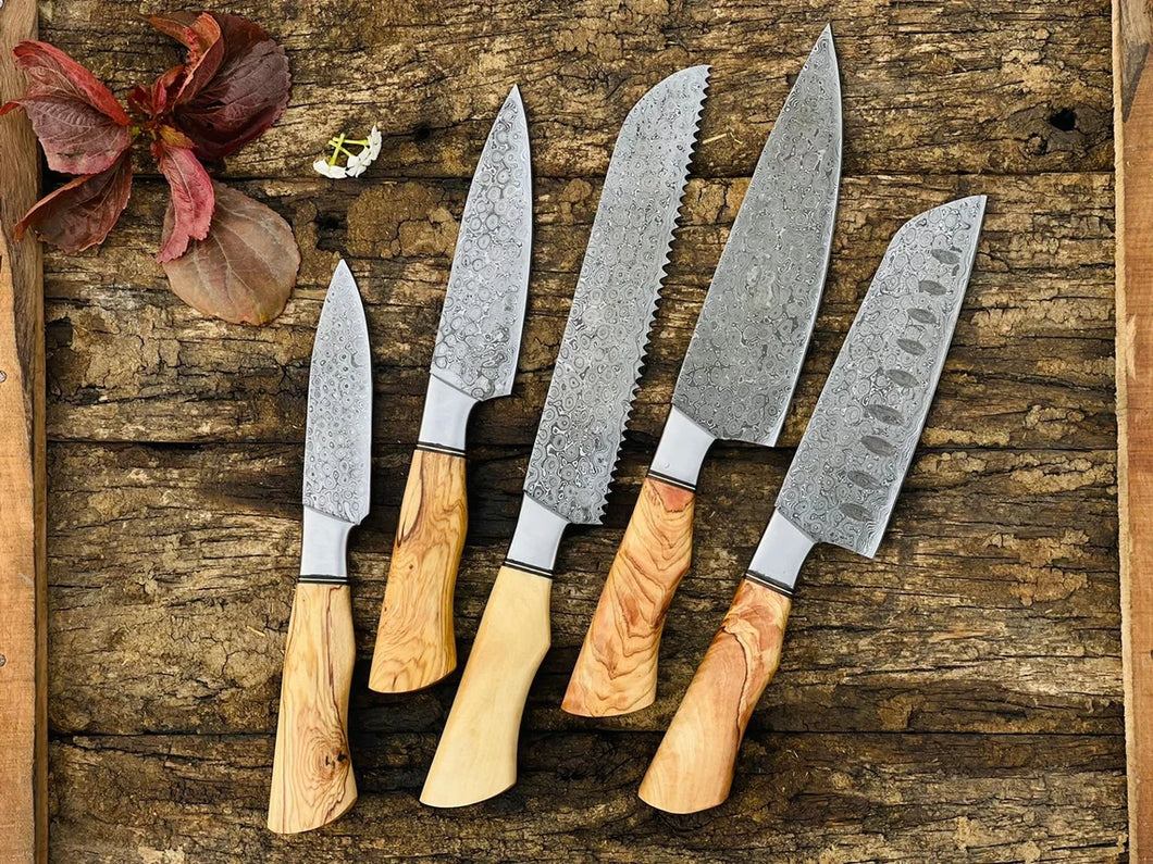 HS-113 '' Japanese Damascus Chef Set of 5 Chef Knife - Kitchen Chef Knife Set Damascus Knife Anniversary Gift For Him