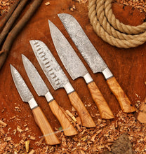 Load image into Gallery viewer, HS-114 &#39;&#39; Handmade Damascus Chef set Of 5pcs With Leather,Damascus Knife Set,Damascus Chef Knife,Full Kitchen Knife Set,Damascus Chef Set,Newly Design
