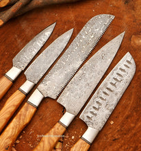 Load image into Gallery viewer, HS-114 &#39;&#39; Handmade Damascus Chef set Of 5pcs With Leather,Damascus Knife Set,Damascus Chef Knife,Full Kitchen Knife Set,Damascus Chef Set,Newly Design
