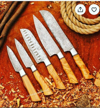 Load image into Gallery viewer, HS-114 &#39;&#39; Handmade Damascus Chef set Of 5pcs With Leather,Damascus Knife Set,Damascus Chef Knife,Full Kitchen Knife Set,Damascus Chef Set,Newly Design
