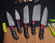 Load image into Gallery viewer, HS-111 &#39;&#39; Handmade Damascus Chef set Of 5pcs With Leather,Damascus Knife Set,Damascus Chef Knife,Full Kitchen Knife Set,Damascus Chef Set,Newly Design
