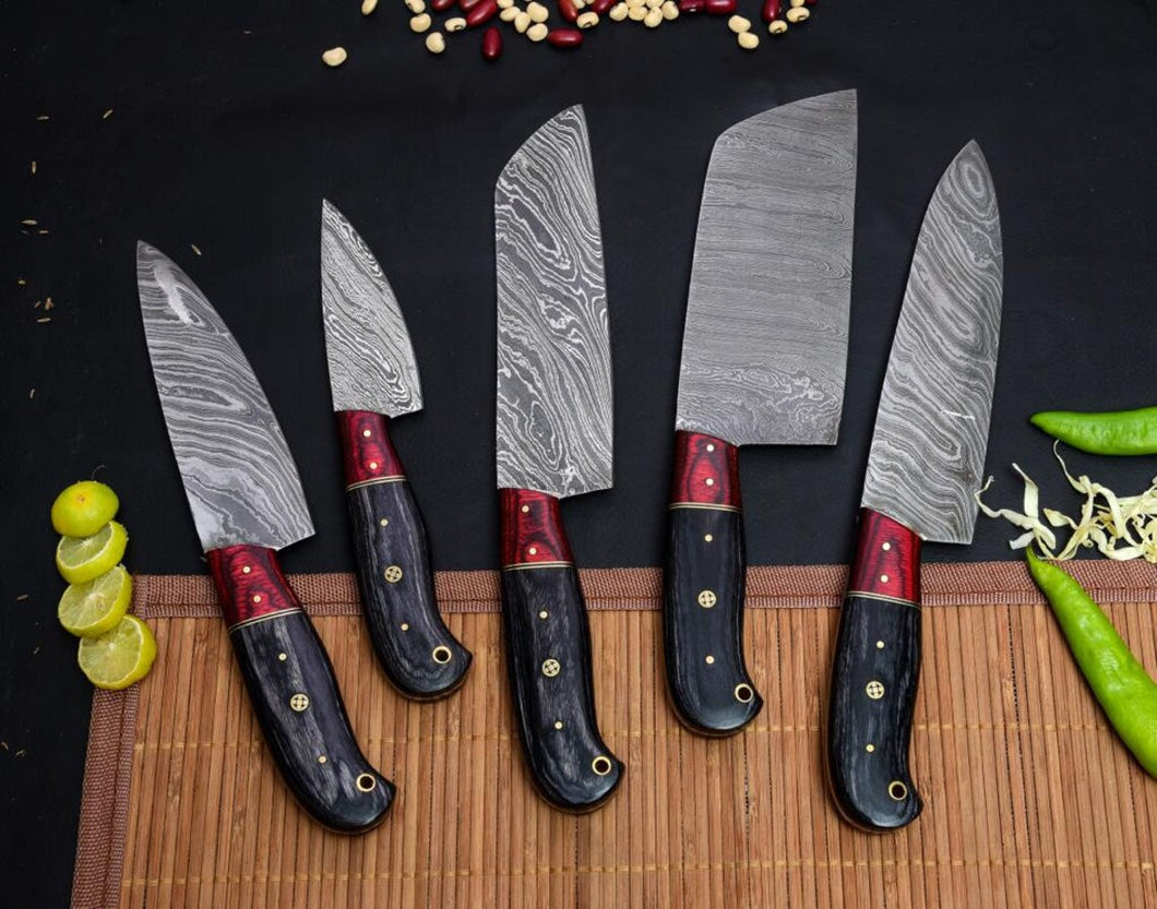 HS-111 '' Handmade Damascus Chef set Of 5pcs With Leather,Damascus Knife Set,Damascus Chef Knife,Full Kitchen Knife Set,Damascus Chef Set,Newly Design