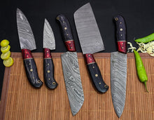 Load image into Gallery viewer, HS-111 &#39;&#39; Handmade Damascus Chef set Of 5pcs With Leather,Damascus Knife Set,Damascus Chef Knife,Full Kitchen Knife Set,Damascus Chef Set,Newly Design
