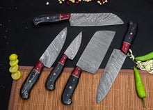 Load image into Gallery viewer, HS-111 &#39;&#39; Handmade Damascus Chef set Of 5pcs With Leather,Damascus Knife Set,Damascus Chef Knife,Full Kitchen Knife Set,Damascus Chef Set,Newly Design
