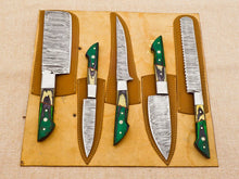 Load image into Gallery viewer, HS-109 &#39;&#39;  Custom handmade Damascus chef set , kitchen knife set , chef knife set , Christmas gift , chef set with leather sheet , birthday gift for him
