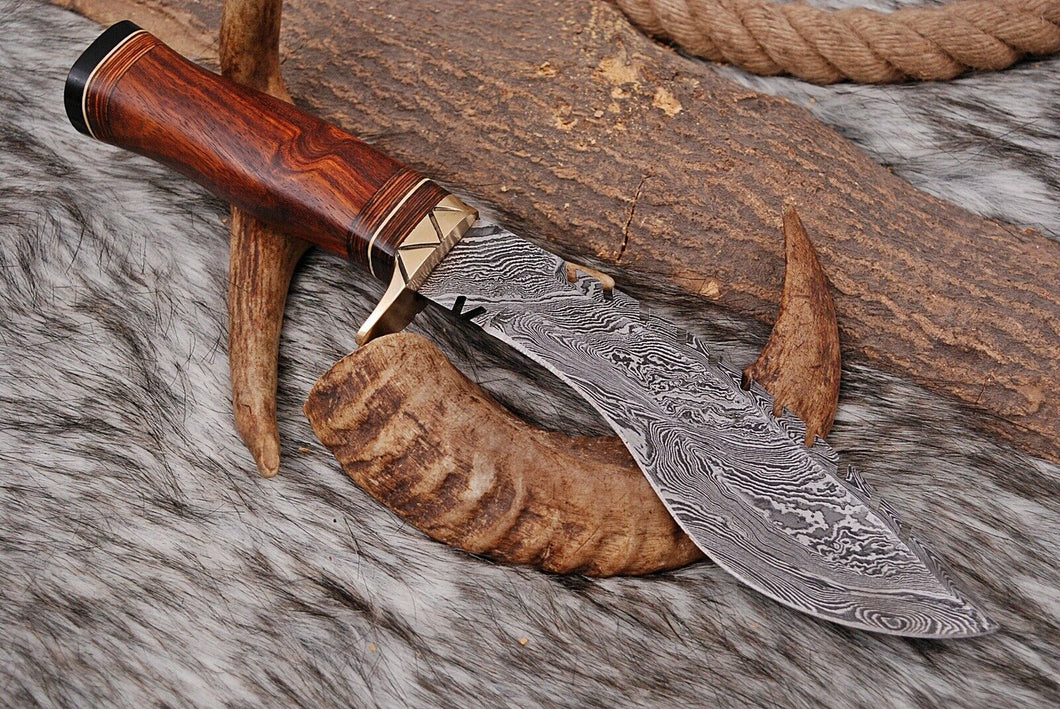 HS-872 Custom Handmade Damascus Steel 12 Inch Kukri Knife - Awesome Hard Wood Handle