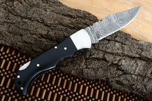 Load image into Gallery viewer, Custom Handmade Damascus Steel Back-Lock Pocket | Folding Knife | Leather Sheath- Black Sheet Handle
